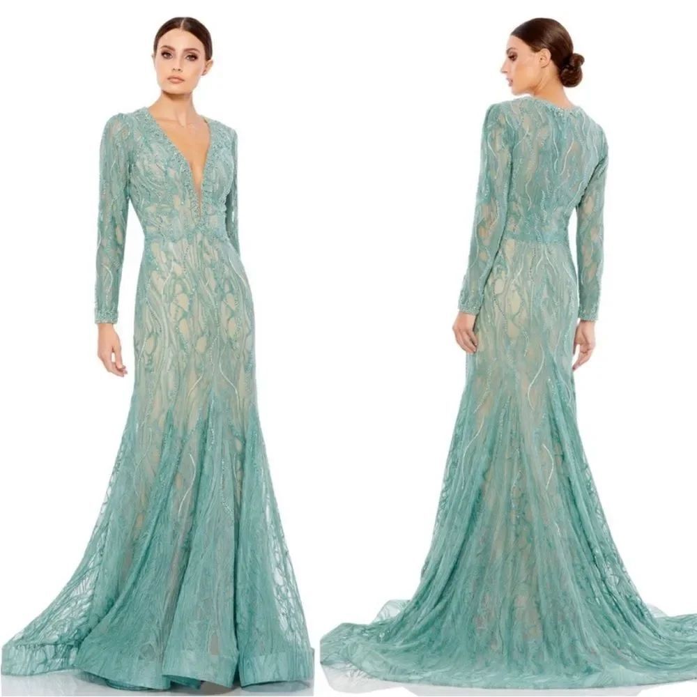 Mac Duggal long Sleeve Sheer Laced Long Dress Gown NWT 79291 size 16